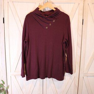 Chico's Women's Cowl Neck Long Sleeve Sweater Button Burgundy Rayon Size 2